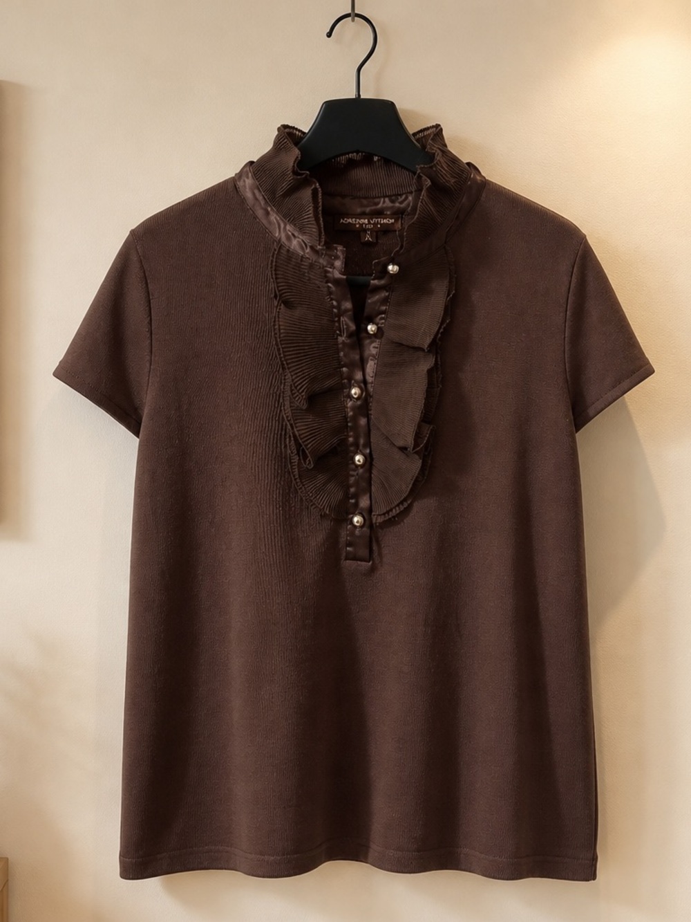 Adrienne Vittadini Chocolate Brown Ruffle-Placket Short Sleeve Top